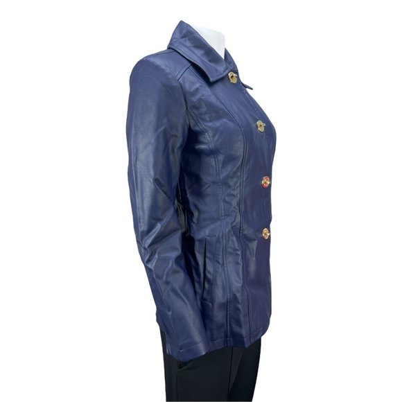 Blue Faux Leather Dennis by Dennis Basso Turn-lock Jacket Sz XXS - Picture 2 of 11